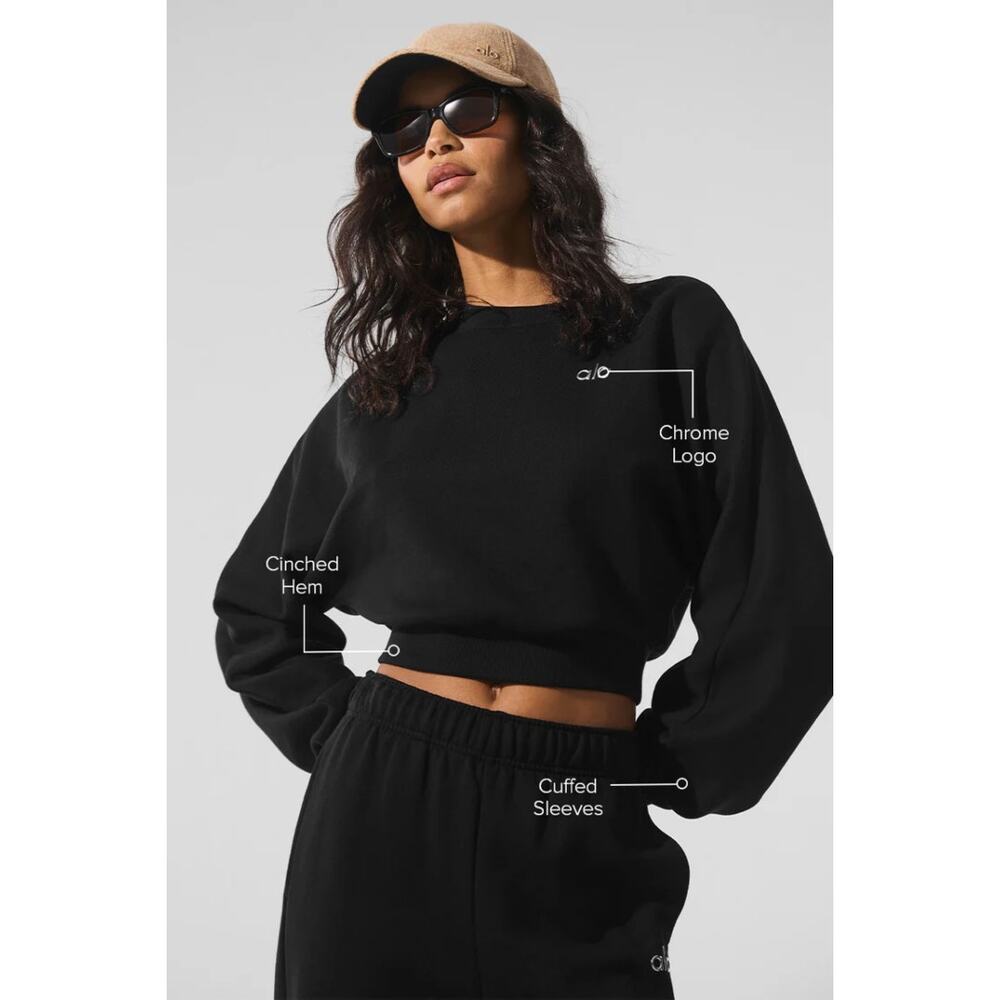 NWT Alo Cropped Accolade Crewneck Sweatshirt Black Loungewear Athleisure Sz XS - Picture 5 of 6